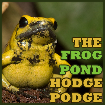 A picture of a yellow frog on a leaf with the text THE FROGPOND HODGEPODGE